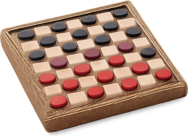 A wooden checkers board set up with red and black pieces
