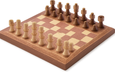 A wooden chess set with the pieces arranged for the opening